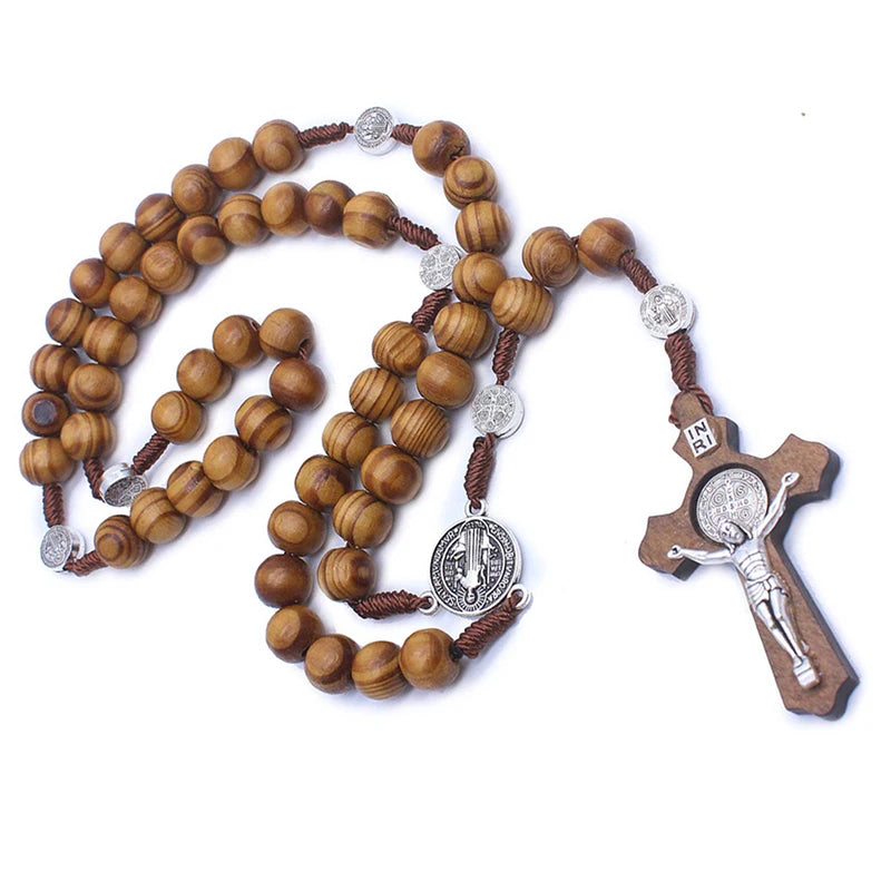 Fashion Handmade Round Bead Catholic Rosary Cross Religious Wood Beads Men Necklace Charm Gift