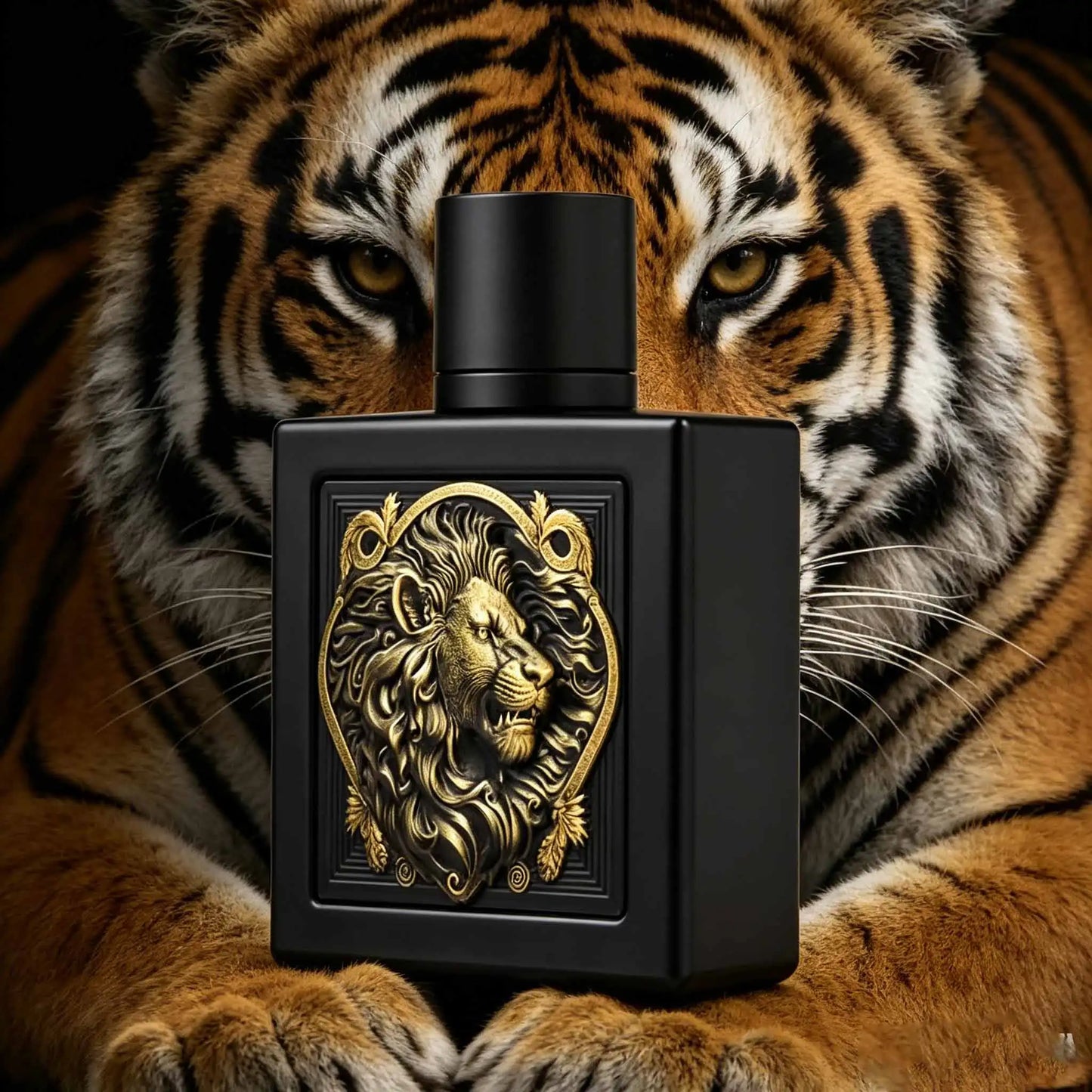 RAYHAAN lion perfume, black gold embossed lion bottle body, leather ebony tobacco wood tone, aggressive men's long-term EDP strong perfume.