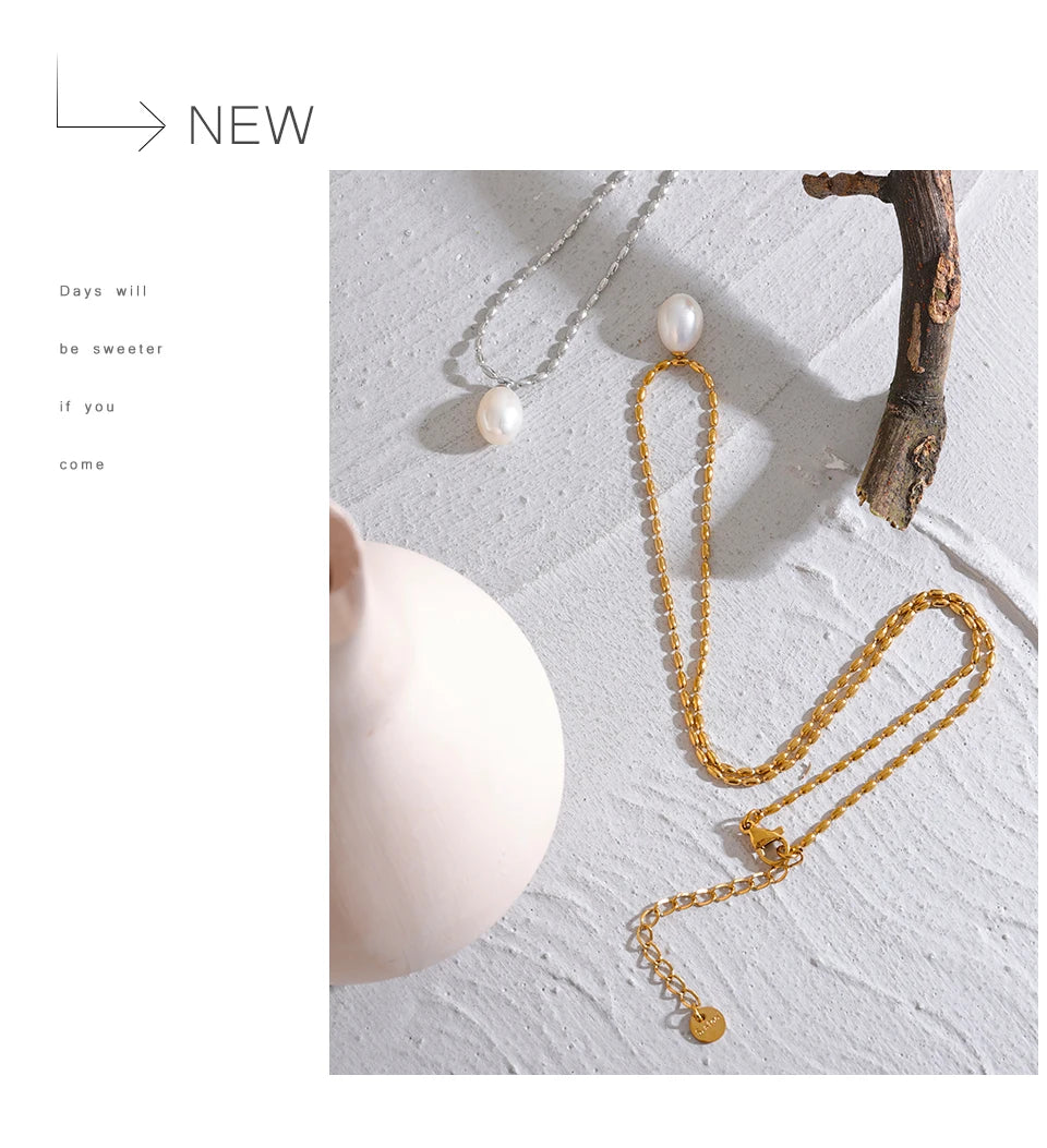 Yhpup Luxury Natural Freshwater Pearl Pendant Stainless Steel Sweet Necklace Women Stylish Exquisite Jewelry Mother Sister Gift