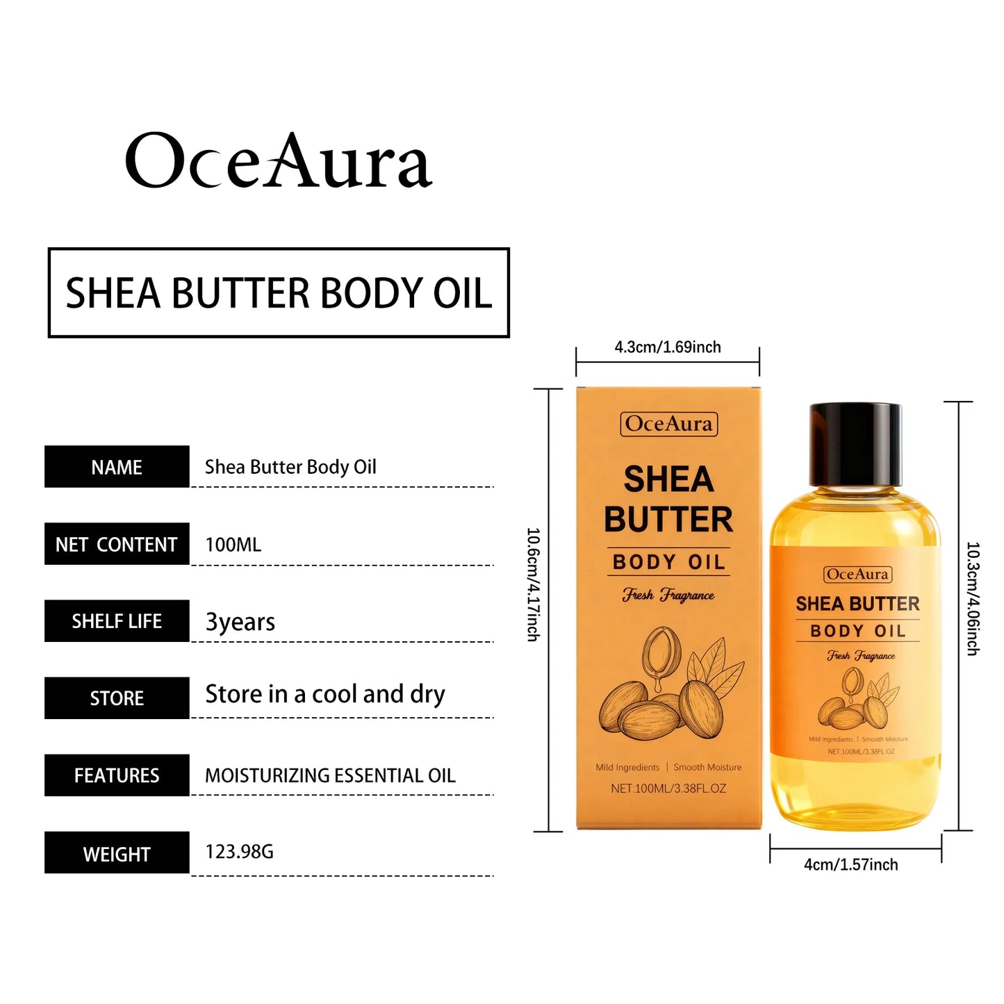 100% Natural Shea Butter Massage Oil Intense Moisture for Dry Skin Lightweight & Fast Absorbing All Skin Types Stretch Mark Care