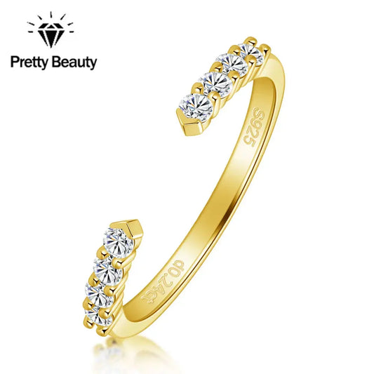 Pretty Beauty S925 Sterling Silver Moissanite Open Ring Wedding Band Gold Plated Trendy Jewelry Gifts for Women Birthday Party