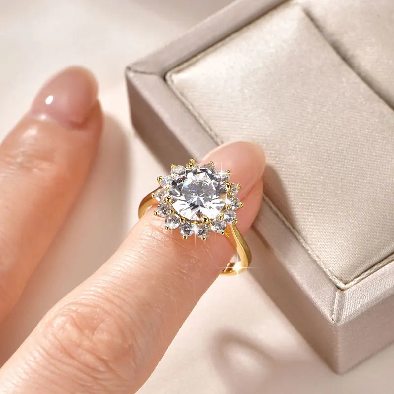 Rrjzz 9MM CZ Lab Diamond Sunshine Flower Ring 5A Cubic Zirconia Sunflower Ring for Women Valentine's Day Birthday Jewelry Gifts