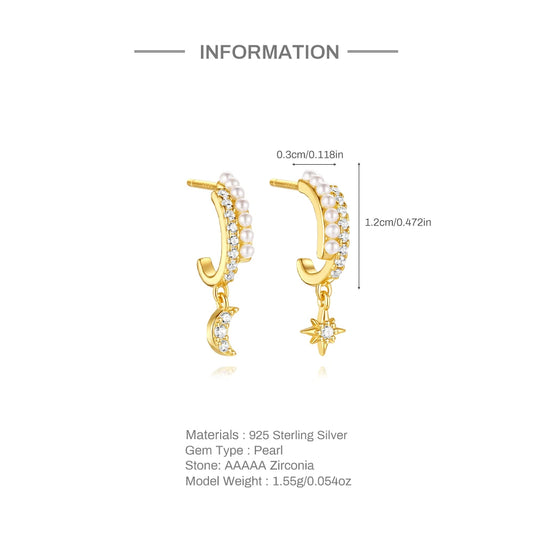 CANNER Eight Pointed Star Moon Tassel Zircon 925 Sterling Silver Drop Earrings For Women Ins Pearl Flower Minimalism Earrings