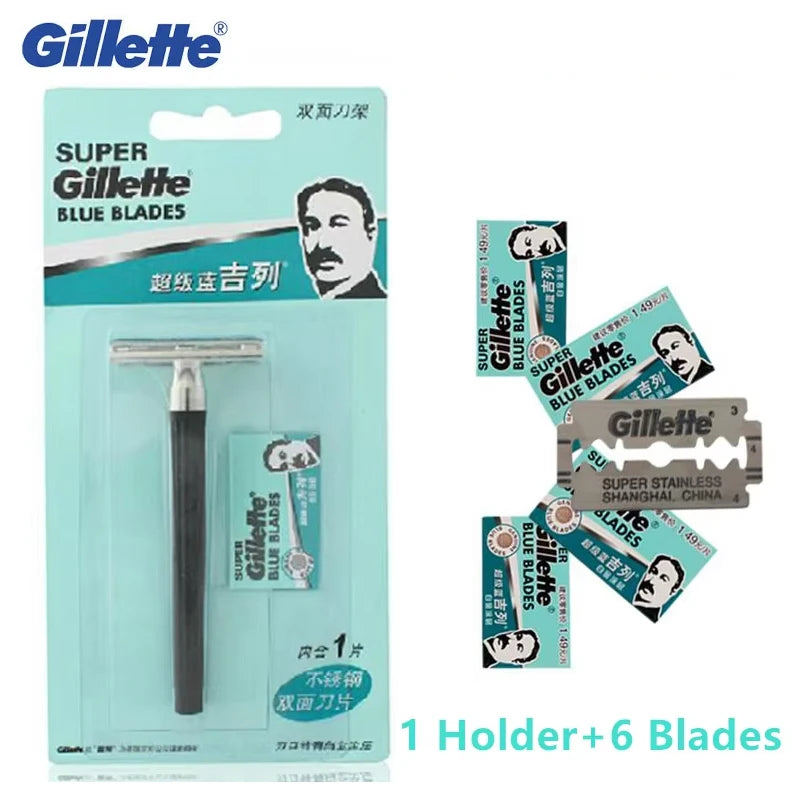 Gillette Super Blue Razor Men's Safety Manual Shaver Stainless Steel Blades Face Beard Hair Removal Classical Shaving Machine