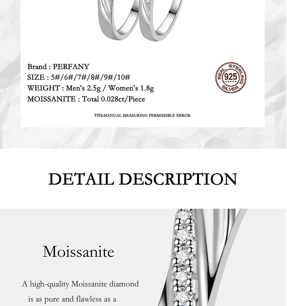 PERFANY  S925 Pure Silver Moissanite Ring for Women Men Classic Couple Ring Wedding Jewelry Christmas Gift