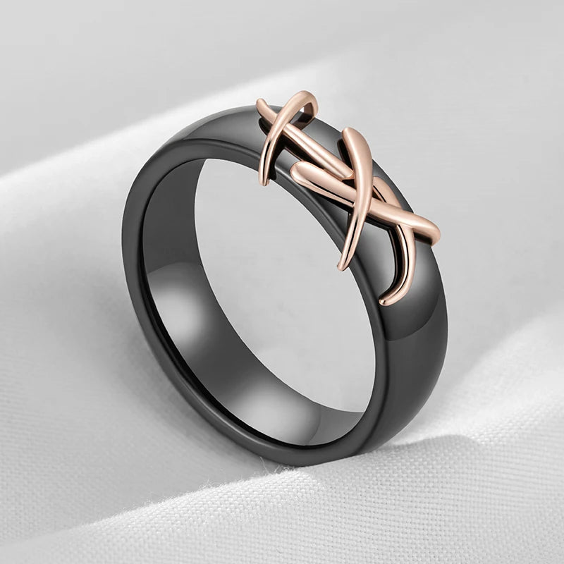 Kinel Fashion 585 Rose Gold Color Black Ceramics Ring For Women Creative Branches Accessories High Quality Daily Fine Jewelry