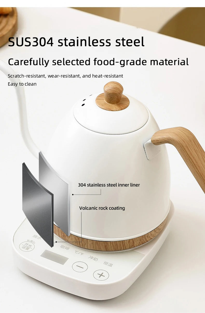 800ml Gooseneck Electric Kettle Hand Brew Coffee Pot Teapot 304 Stainless Steel Water Jug Slender Mouth Hand Brewing Pot 1000W
