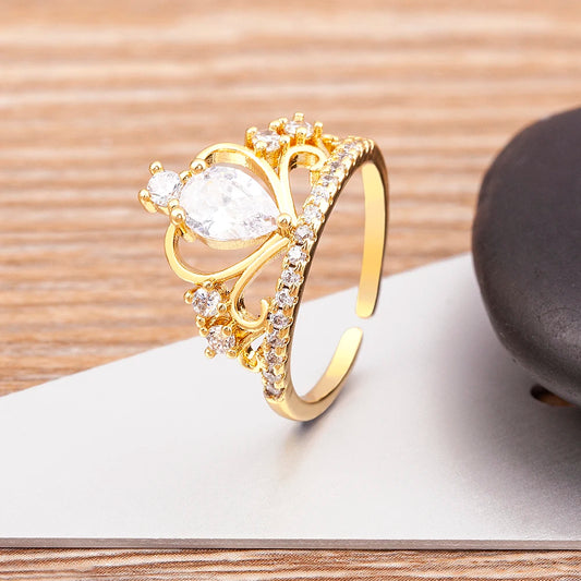 Nidin New Design Crown-Shaped Hollow Inlaid Shiny Rhinestone Open Ring Women Temperament Zircon Adjustable Jewelry Wedding Gift