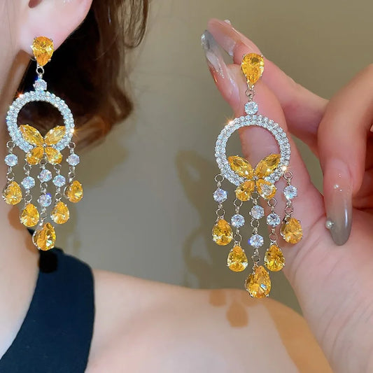 Creative Round Butterfly Earrings for Women Sparkling Rhinestone Water Drop Tassel Earring Elegant Fashion Jewelry Dress Gift C1