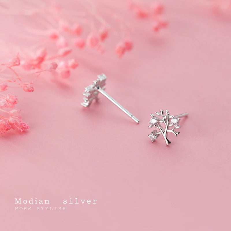 MODIAN Dazzling Clear CZ Lovely Tiny Tree Branch Stud Earring for Women 925 Sterling Silver Plant Ear Pin Fine Jewelry Brincos