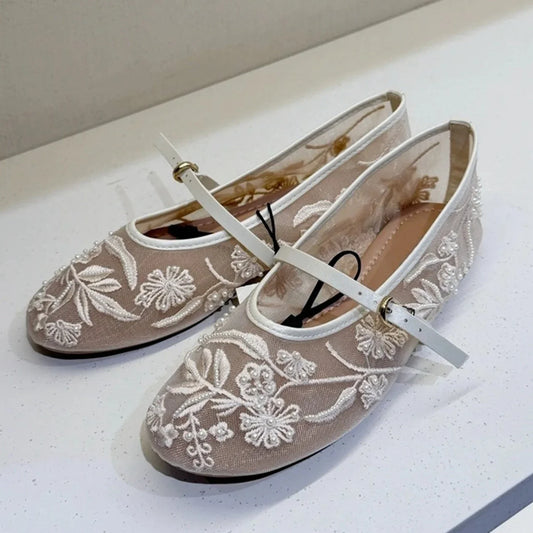 Aneikeh Elegant Ballet Dance Embroidered Flower Mesh Fabric Flat Heels Women Sandals Round Toe Buckle Strap Casual Mule Shoes