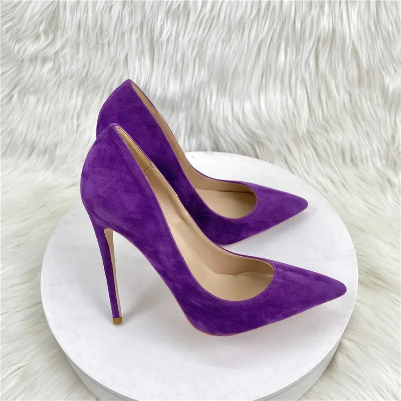 Star Style Suede Women Shoes High Heel Brand Fashion Pumps Sexy Pointed Toe 8cm 10cm 12cm Comfortable Wedding Purple Women Shoes
