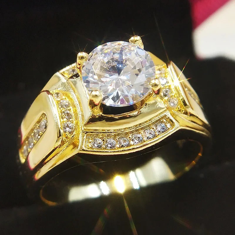 Gold Color Wedding Male Rings for Men Jewelry Crystal Ring Cubic Zirconia party Anillos Jewellery Sale New Year Gifts size 6-12