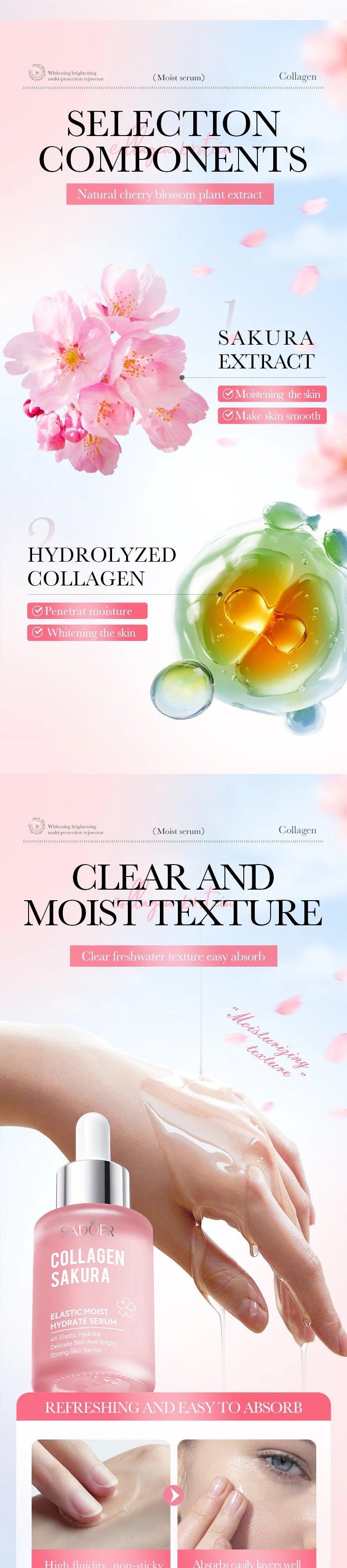 30/100ml SADOER Sakura Facial Serum Anti Wrinkles Anti-aging Hydrating Whitening Face Essence Facial Skin Care Products