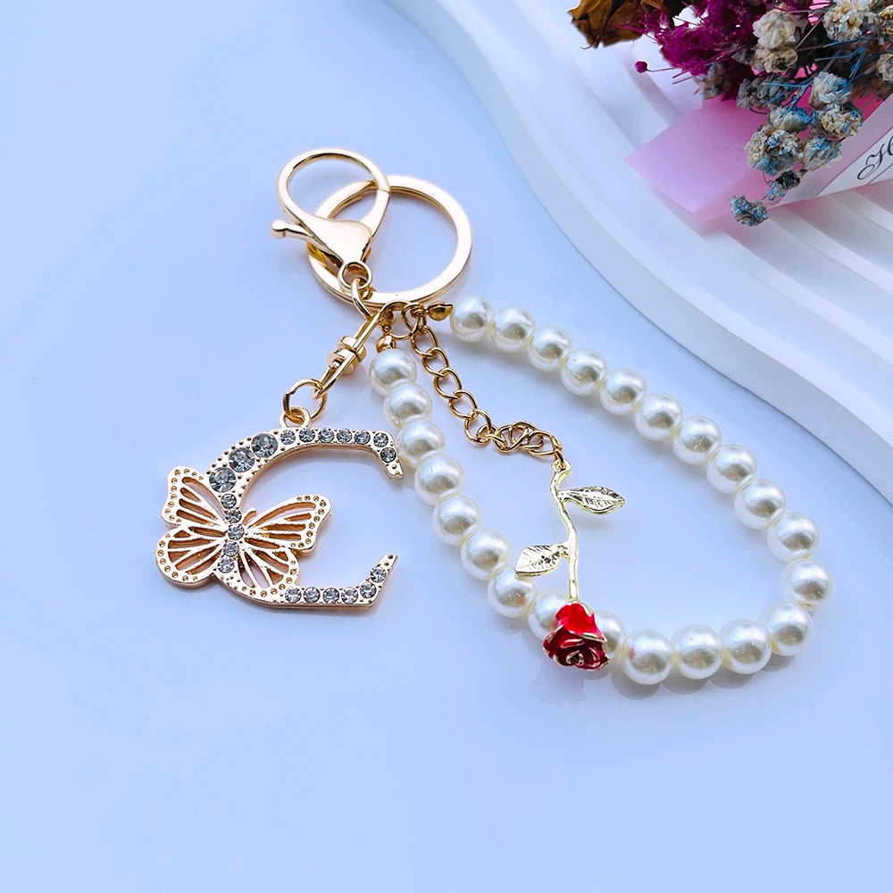 Exquisite Initial A-Z 26 Butterfly Capital Letters Red Rose Keyring Crystal Resin Pearl Beaded Keychain Bag Pendant Women Gift