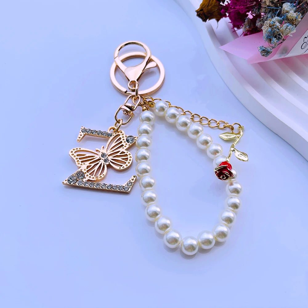 Exquisite Initial A-Z 26 Butterfly Capital Letters Red Rose Keyring Crystal Resin Pearl Beaded Keychain Bag Pendant Women Gift