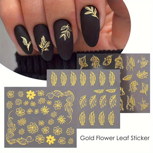 30 Sheets Golden Floral Nail Art Stickers - 3D Self-Adhesive Shimmering Leaf & Flower Designs for DIY Manicure