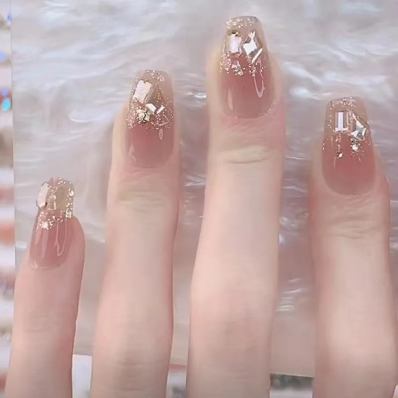 24Pcs+tools sea blue fake nails 3D moon rhinestones press on nails long coffin wearable false nail full cover luxury nails patch