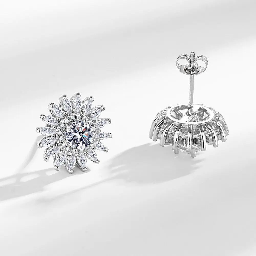 925 Sterling Silver Earrings Sunflower Full Diamond Earrings Ladies Fashion Simple Birthday Wedding Anniversary Jewelry Gift