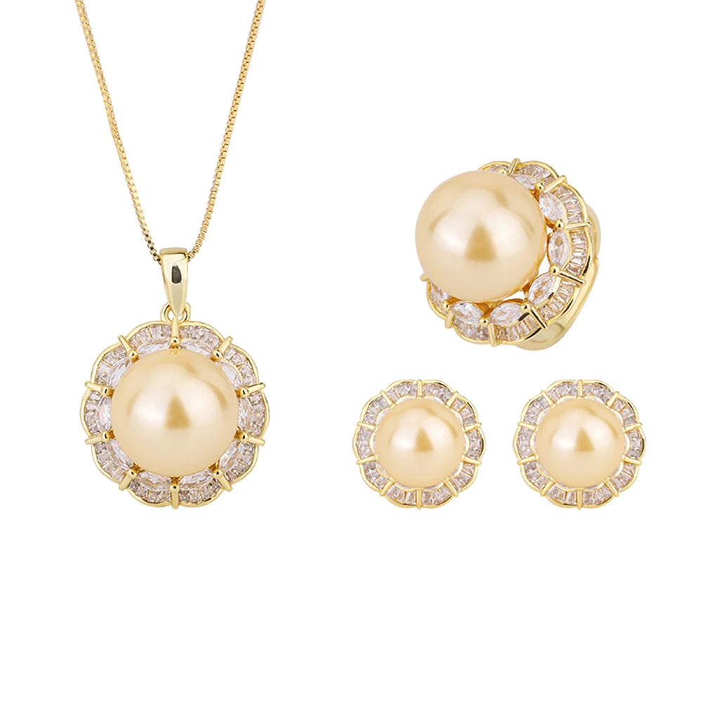 Luxury 12-16mm Pale Gold Color Pearl Lab Diamond Pendant Necklace Ring Earrings Women Party Jewelry Sets Elegant Birthday Gift