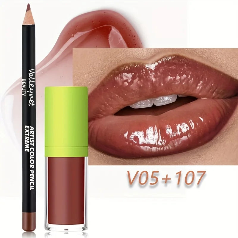 2pcs/Set Lip Gloss & Lip Liner Set Lip Kit Natural Nude Tinted Lip Glow Oil Moisturizing Liquid Lipstick with Lip Liner Combo
