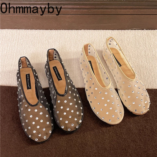 New Fish Net Crystal Women Loafers Shoes Comfort Ladies Slip On Dress Ballet Flats Shoes 2026 Spring Ladies Concise Shoes