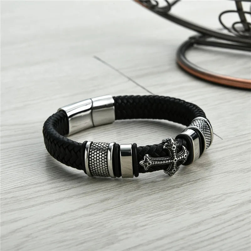 MKENDN Punk Style Stainless Steel Cross Leather Bracelet Men Charm 16 Strand Woven Leather Bracelet Magnet Clasp Boyfriend Gifts
