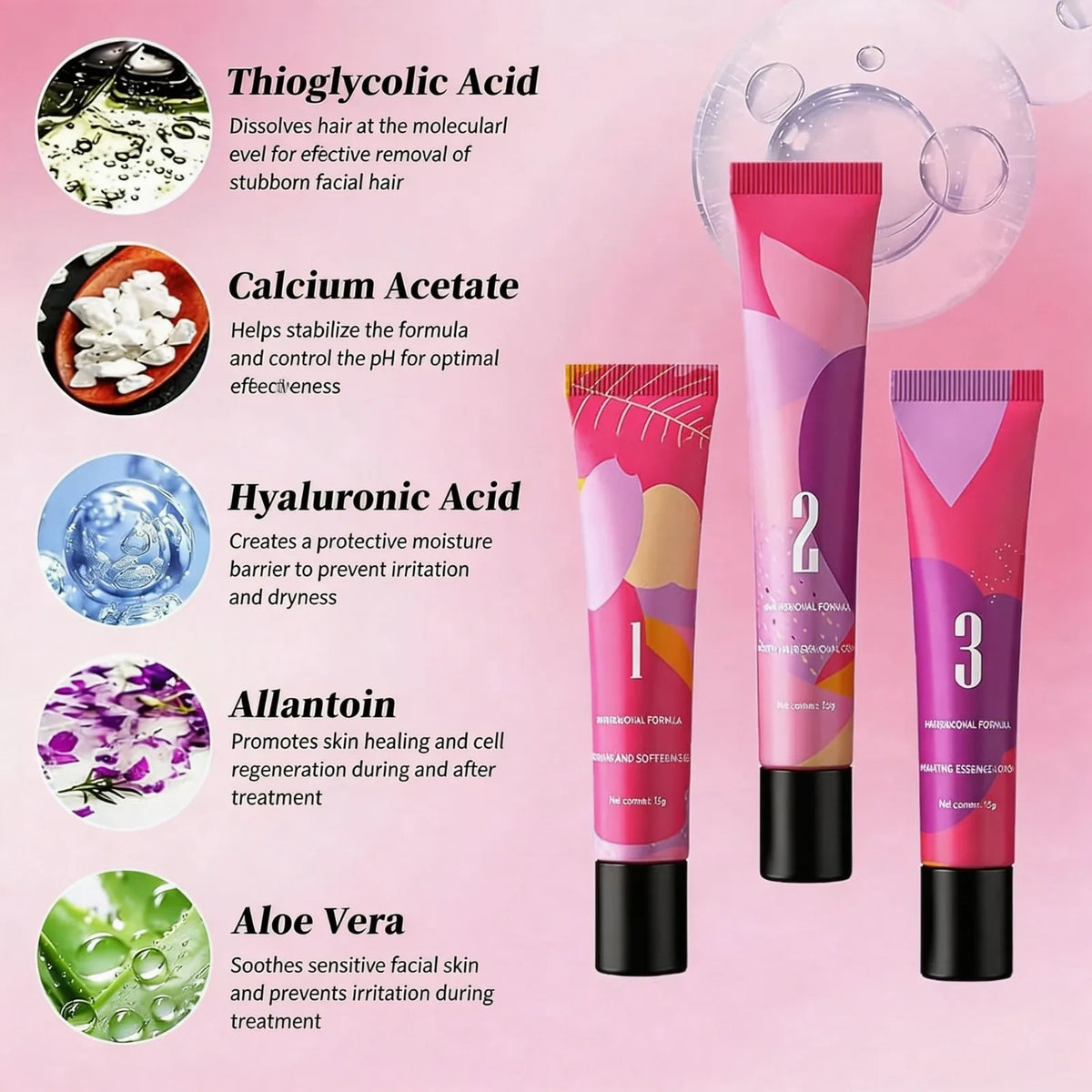 Facial Hair Removal Cream for Three Step Kit Lip Chin Upper Lip Women Home Use Gentle With Softening Gel Soothing Lotion