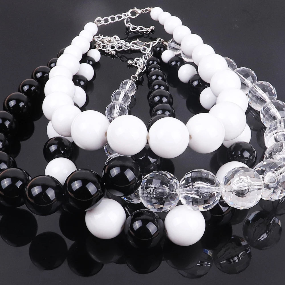 FishSheep Statement Big White Black Acrylic Ball Choker Necklace for Women Large Oversized Clear Beads Collar Necklace Jewelry
