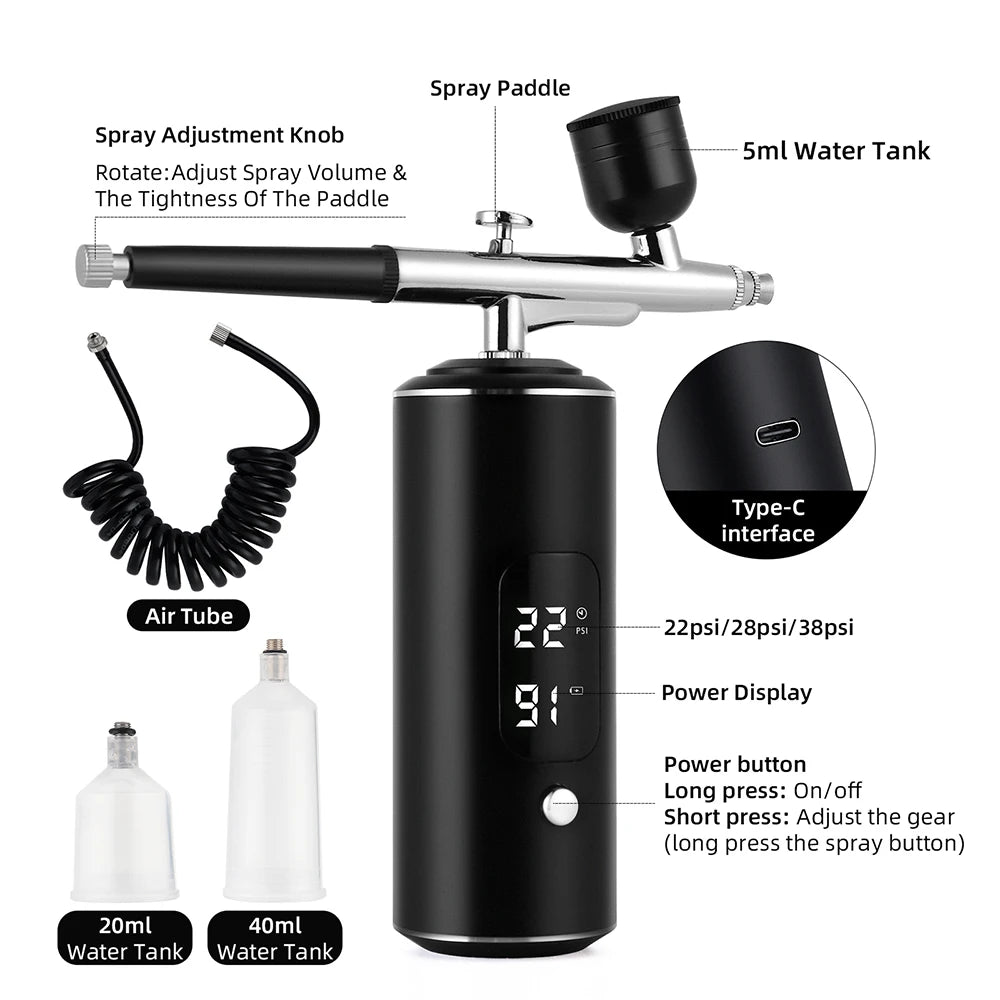 Rechargeable Wireless Airbrush Kit with Compressor Paint Spray Gun for Makeup Nail Art Cake Hair Dye Barber Face Beauty