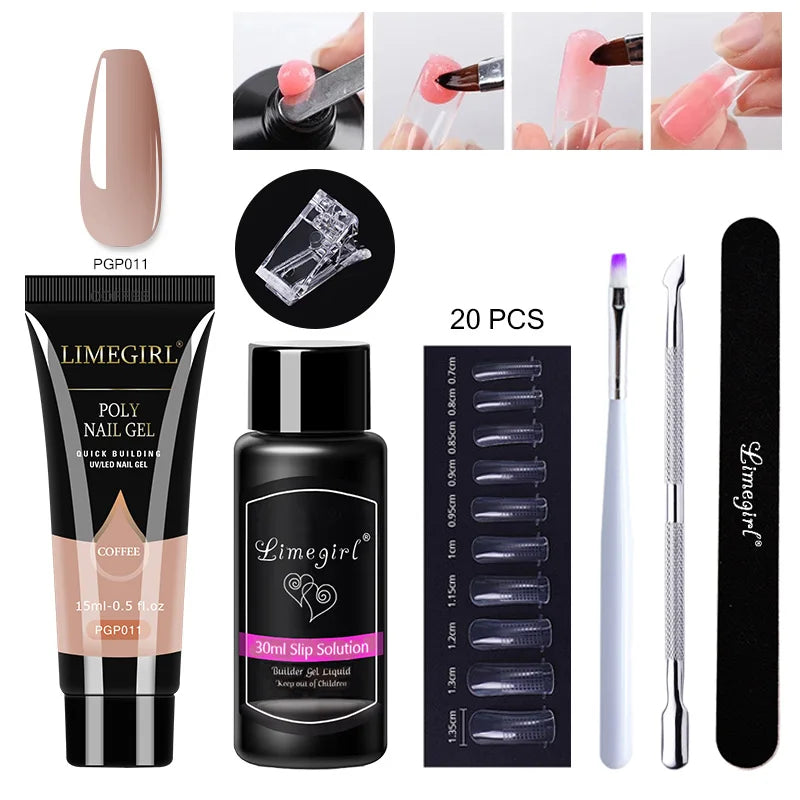 15ml Poly Nail Gel Complete Set for Nail Extension Glitter Solid Color Gel Polish Kit Quick Extension Gel Soak Nail Art DIY Nail