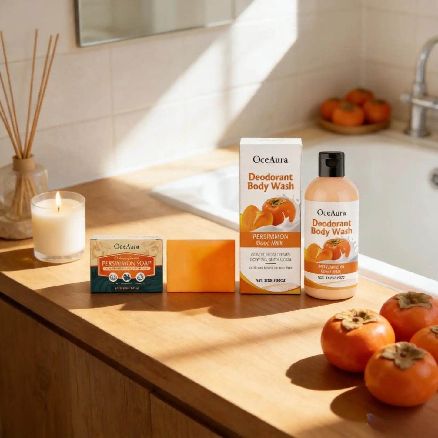OceAura Persimmon Soap Bar for Body Odor Control Deodorant Professional Skin Cleaning Goat Milk Body Wash Persimmon Shower Gel