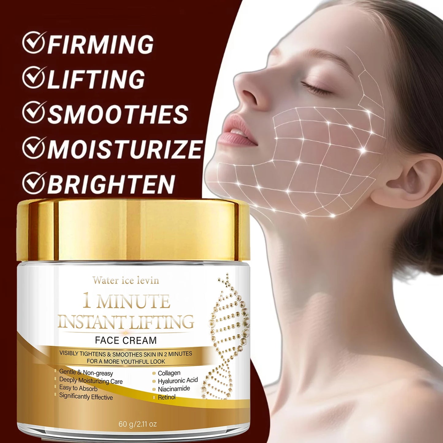 Water Ice Levin 1 Minute Instant Lifting Face Cream Collagen Hyaluronic Acid Niacinamide Retinol Moisturizing Firming Anti Aging
