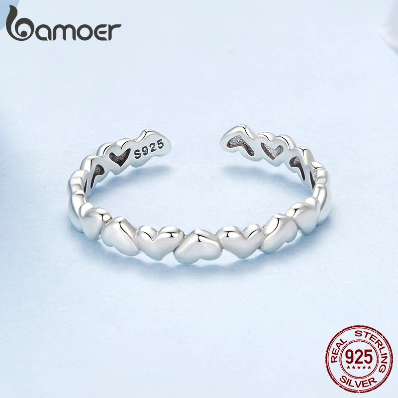 BAMOER Solid 925 Sterling Silver Heart Stackable Rings for Women, Love Valentines Statement Band Ring BSR655-E