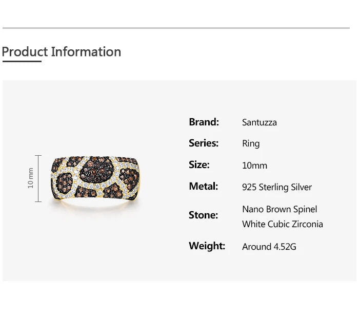 SANTUZZA Genuine 925 Sterling Silver Rings For Women Sparkling Brown Spinel White CZ Leopard Print Elegant Gift Fine Jewelry