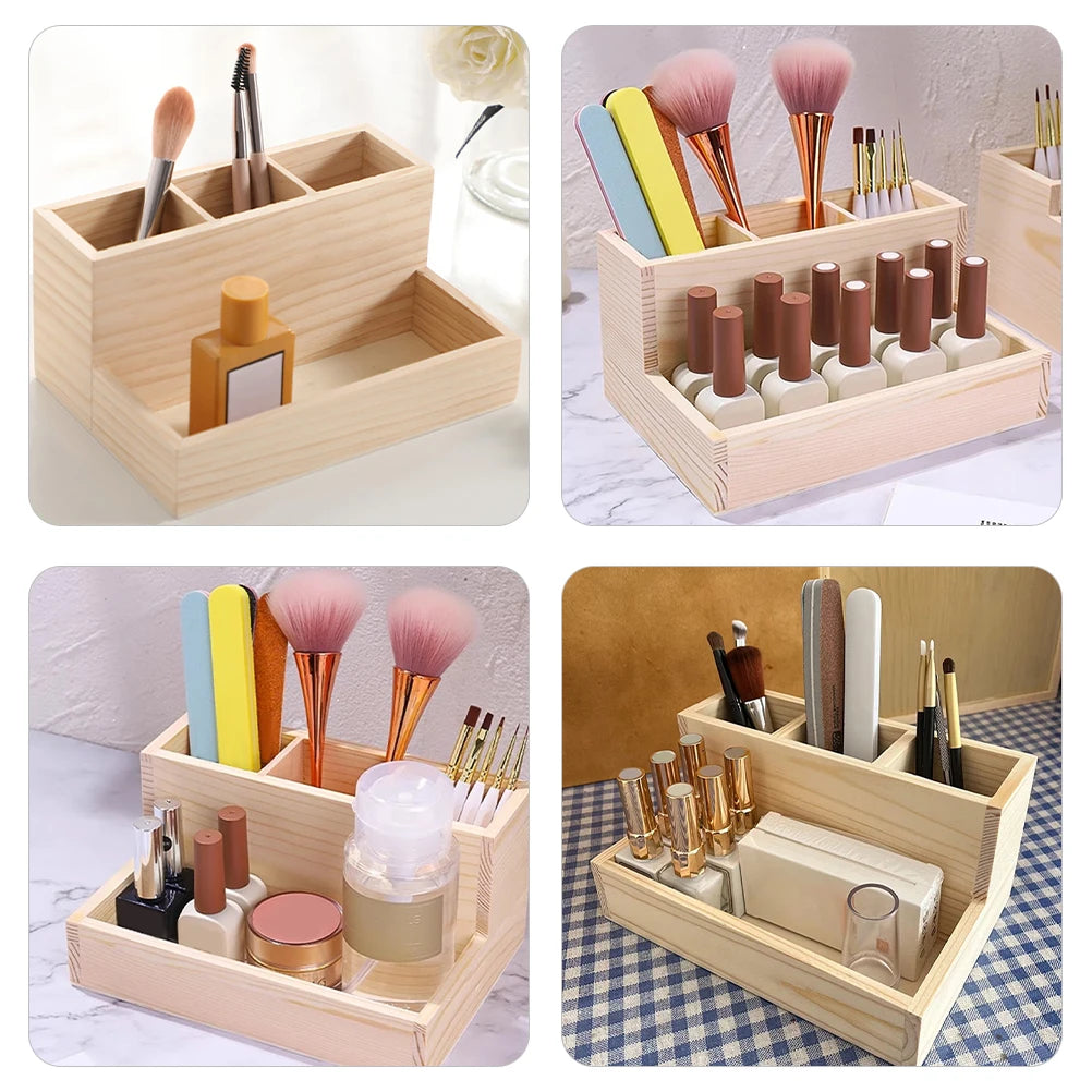 Wooden Makeup Organizer Desktop Storage Box Multi-Grid Cosmetics Storage Holder Stationery Organizer for Home Office Bedroom