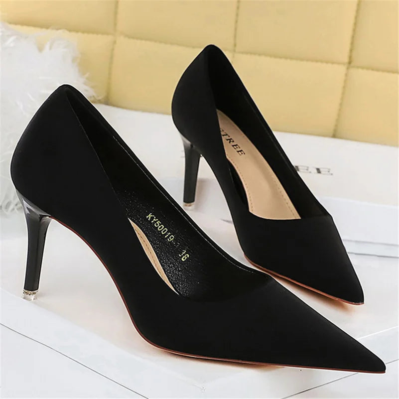 Women 7.5cm 10.5cm High Heels Scarpins Silk Satin Pumps Lady Quality Green Purple Fetish Wedding Bridal Mid Low Heels Prom Shoes