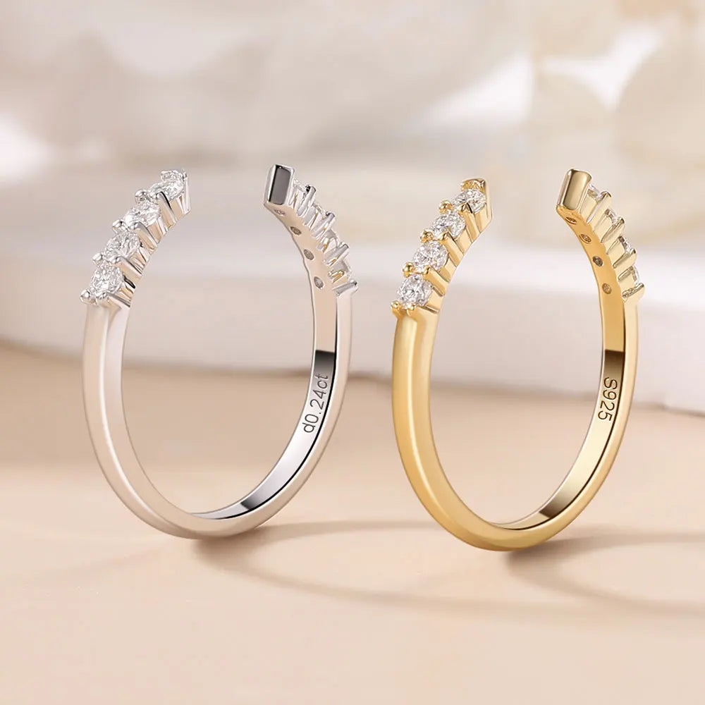 Pretty Beauty S925 Sterling Silver Moissanite Open Ring Wedding Band Gold Plated Trendy Jewelry Gifts for Women Birthday Party