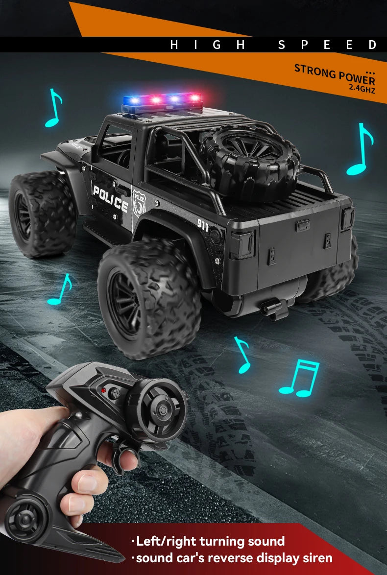 1:16 Alloy High Speed Off-Road Police Truck RC Car with Music Sound and LED Lights Outdoor Toy 2.4G Remote Control Cars