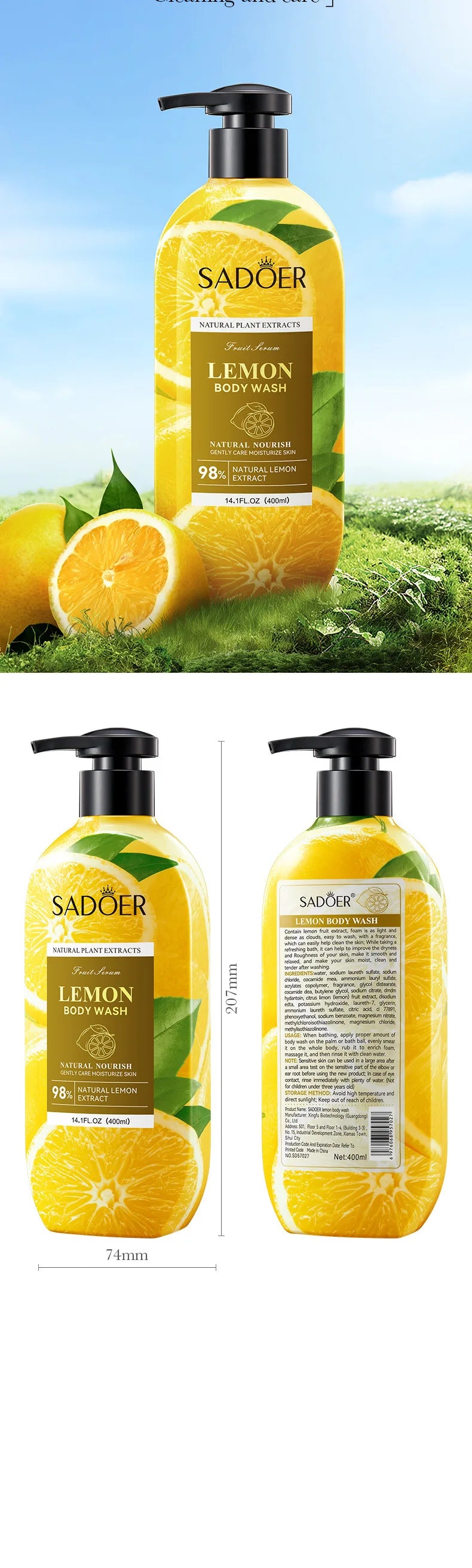 400ml SADOER Lemon Shower Gel Exfoliating Cleansing Fragrance Gentle Body Shower Gel