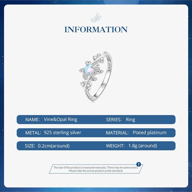 BAMOER 925 Sterling Silver Leaf Ring White Opal Rings Elegant Vine Ring for Women Birthday Gift with Jewelry Box BSR309