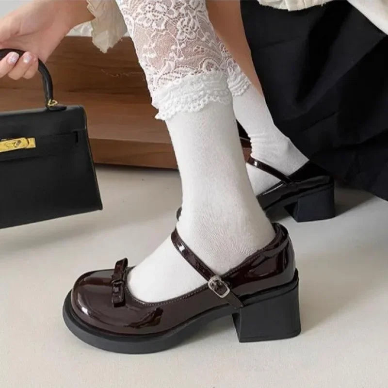Retro Mary Jane Shoes Women's Chunky Heel Butterfly Knot Japanese JK Style Brown Buckle Strap Simple Design Summer Shoes