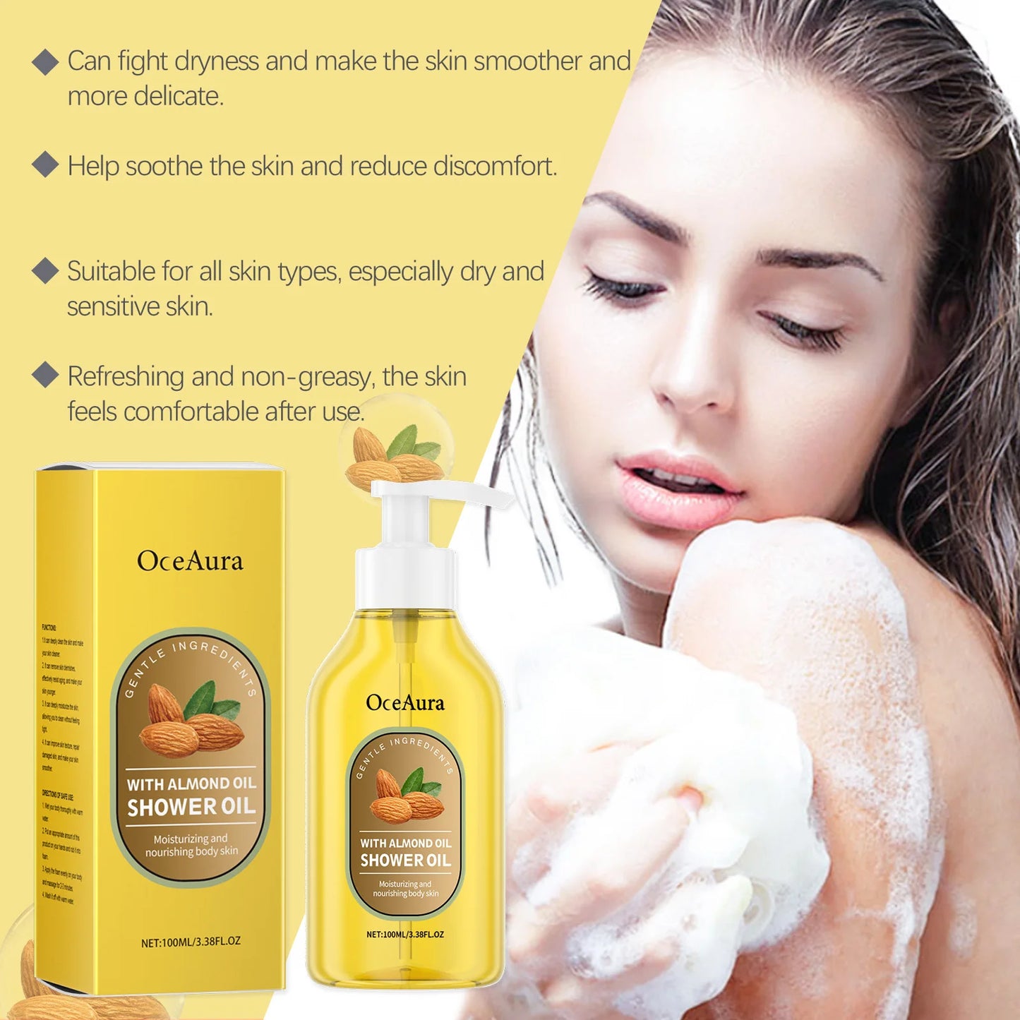 OceAura Shower Oil Sweet Almond Oil Body Cleaning Smooth Skin Barrier Repair Deep Hydration Improve Dryness Coconut Oil Bath Oil