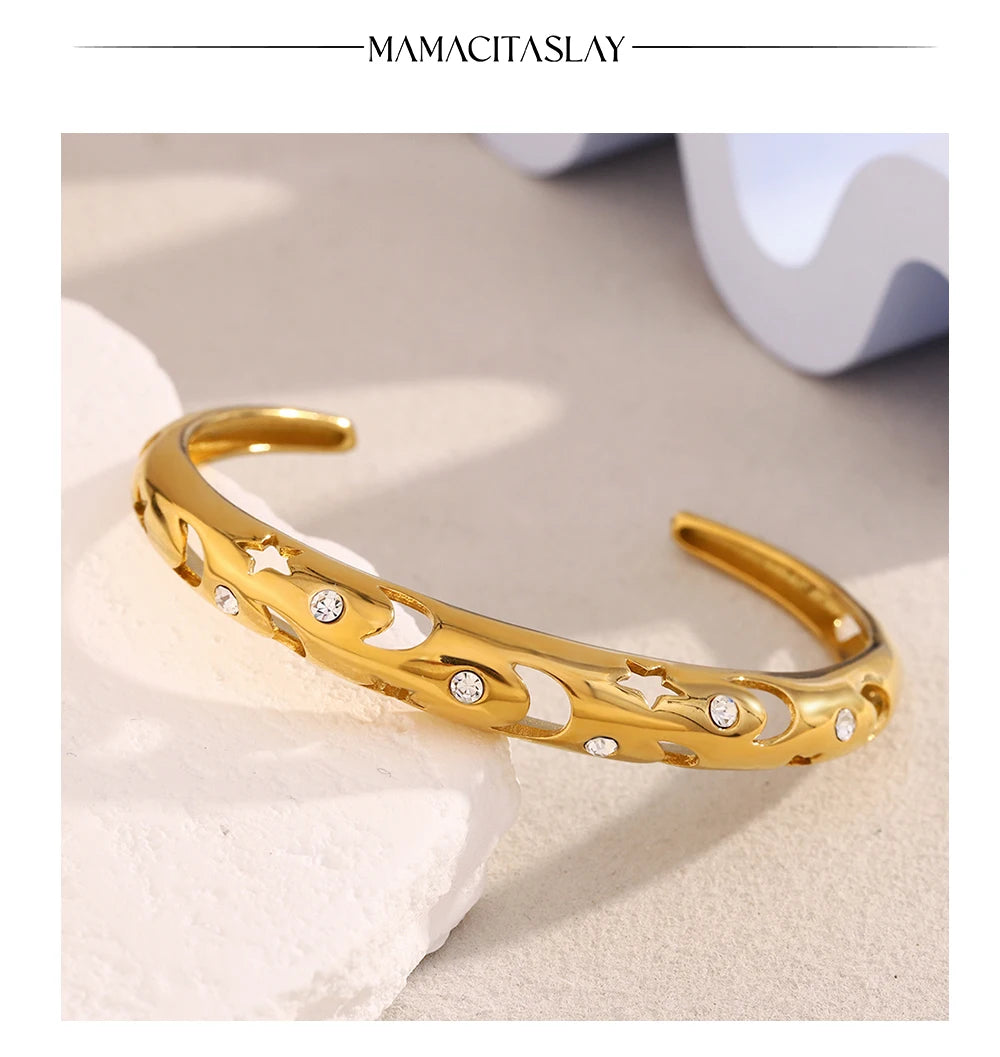 MamacitaSlay 316L Stainless Steel Star Moon Zircon Open Bracelet Party Waterproof 18K Gold Plated Jewelry Women's Charm Bracelet