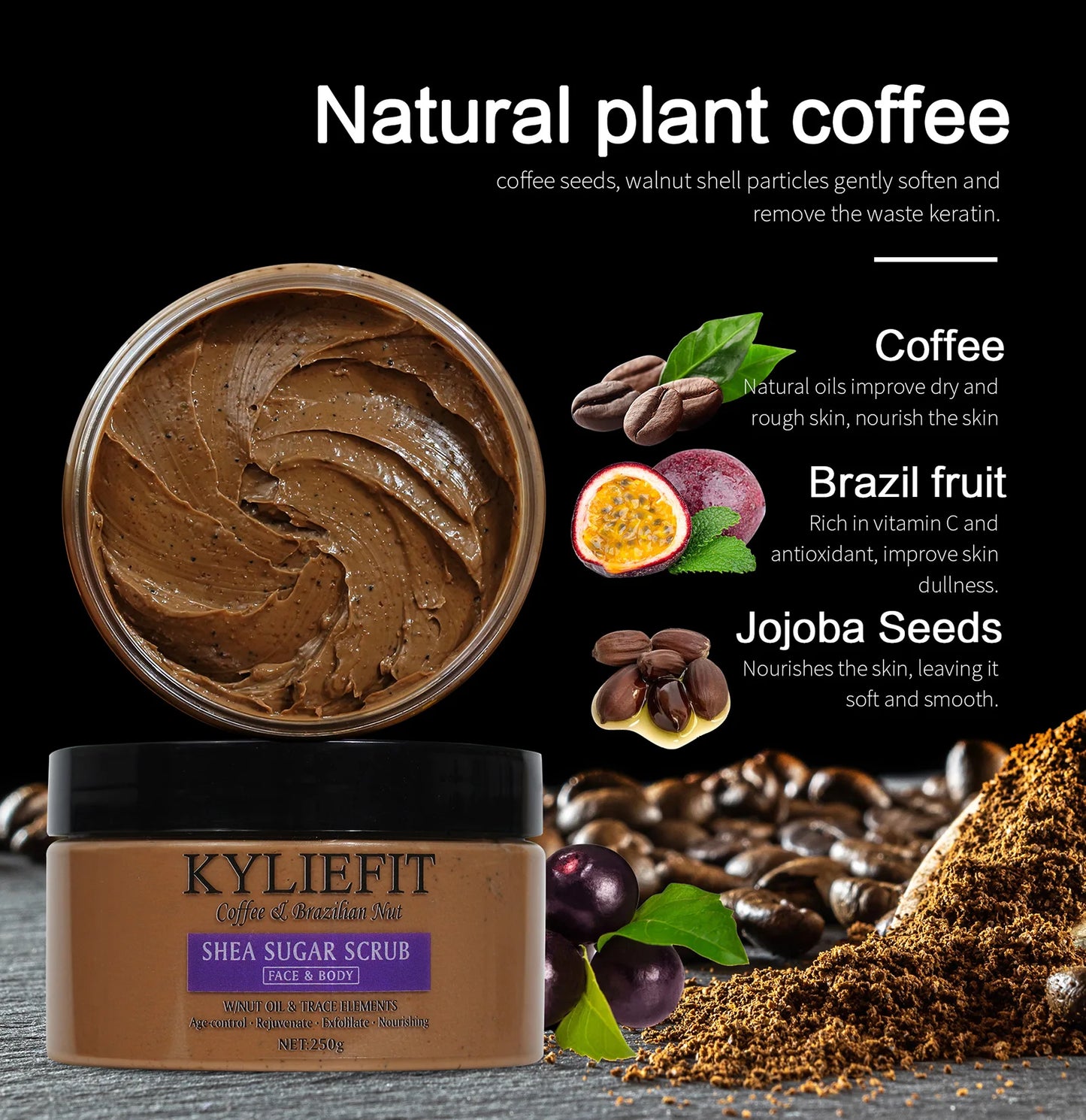 KYLIEFIT Natural Exfoliating Salt Body and Face Scrub, Lightening, Moisturizing, Remove Dark Spots, Acne, Stains, Wrinkles, 250g