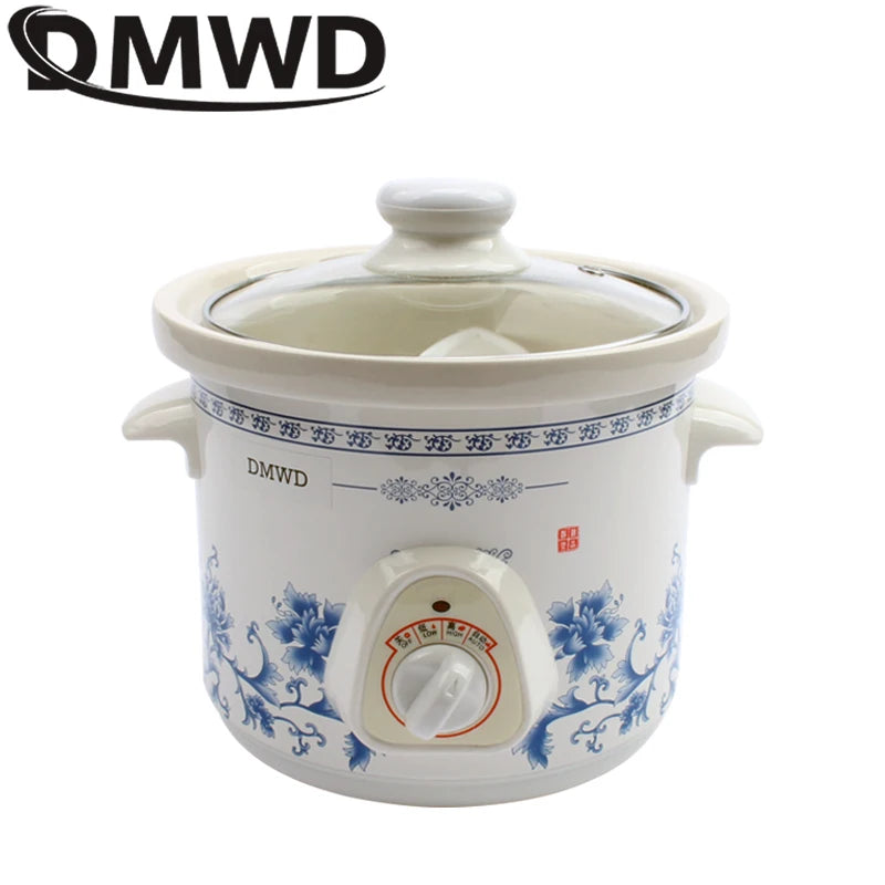 DMWD 1.5L Household Electric Mini Slow Cooker Mechanical/Smart Timer Stewing Soup Porridge Pot Ceramic Linner Food Cooking Maker