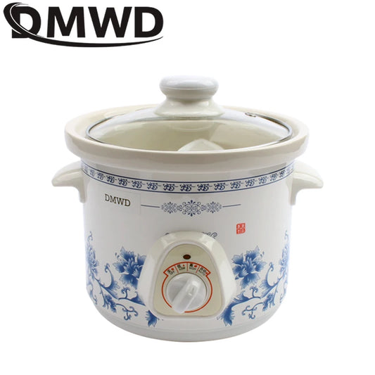 DMWD 1.5L Household Electric Mini Slow Cooker Mechanical/Smart Timer Stewing Soup Porridge Pot Ceramic Linner Food Cooking Maker