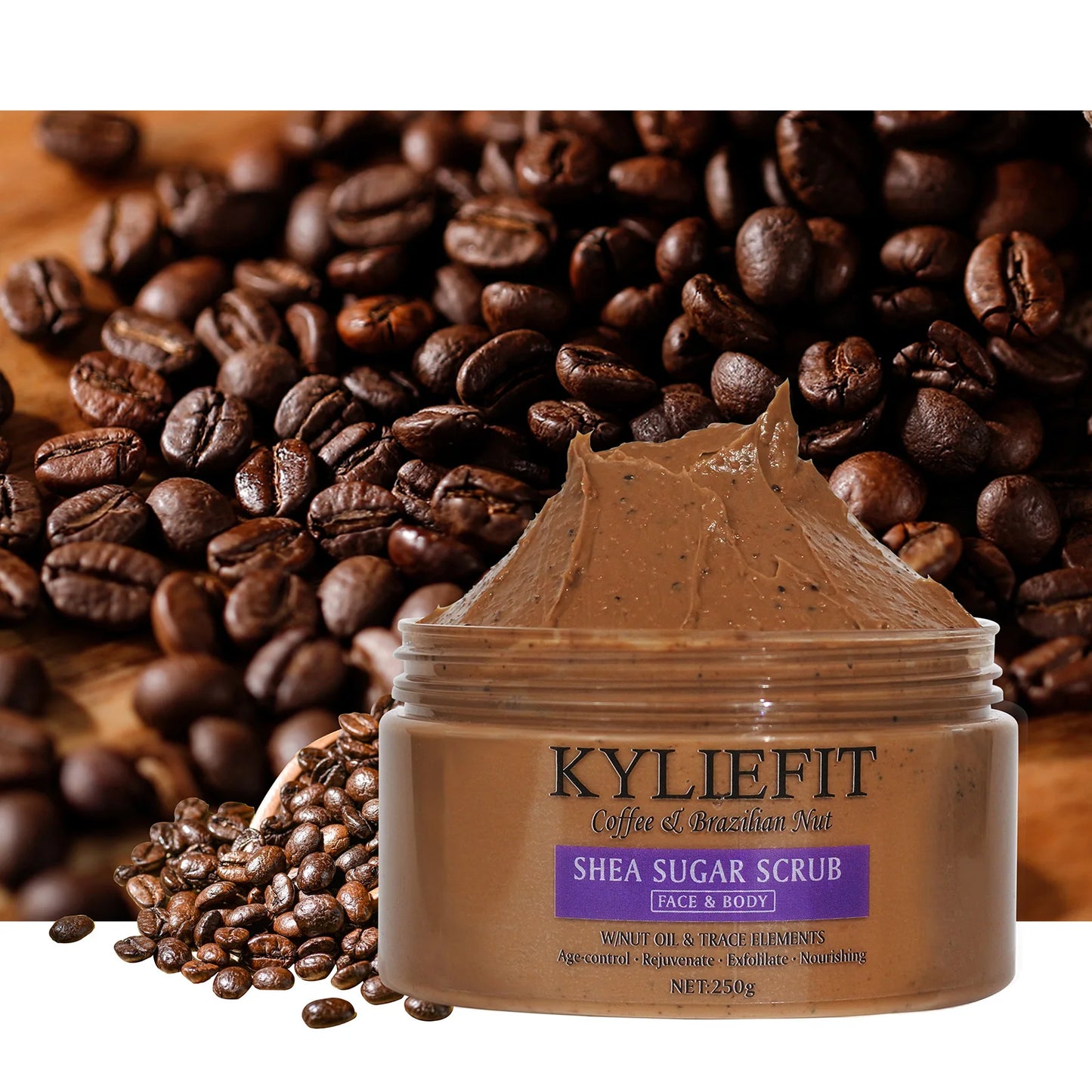 KYLIEFIT Natural Exfoliating Salt Body and Face Scrub, Lightening, Moisturizing, Remove Dark Spots, Acne, Stains, Wrinkles, 250g