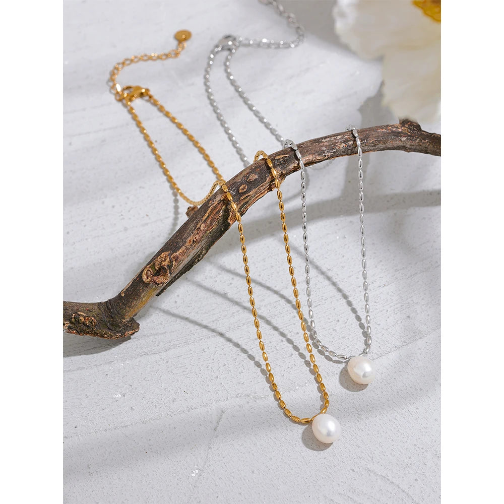 Yhpup Luxury Natural Freshwater Pearl Pendant Stainless Steel Sweet Necklace Women Stylish Exquisite Jewelry Mother Sister Gift