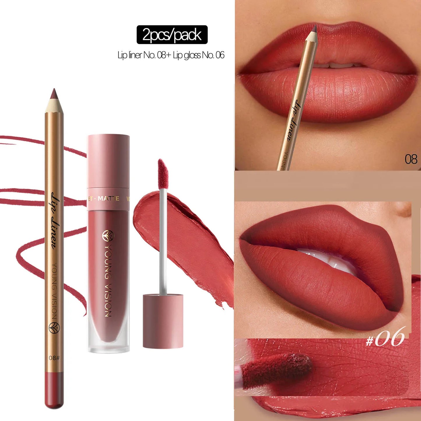 Lip Gloss and Lip Liner Set, Long-Lasting Matte Finish, Smooth and Precise Lip Liner with Non-Stick, Smudge-Proof Lip Gloss